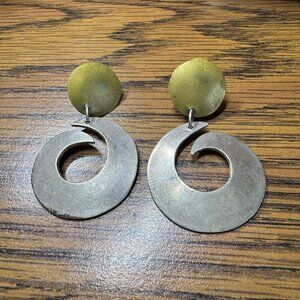 Mixed Metal Sterling and Brass Laton Swirl Designer Dangle Earrings